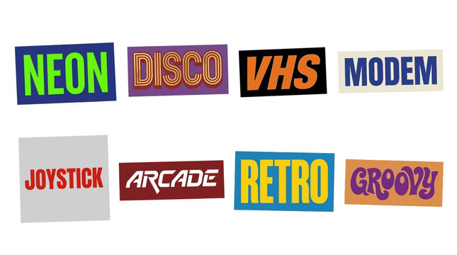 Eight colorful rectangular stickers featuring classic vintage aesthetic typography displaying various nostalgic retro pop culture words