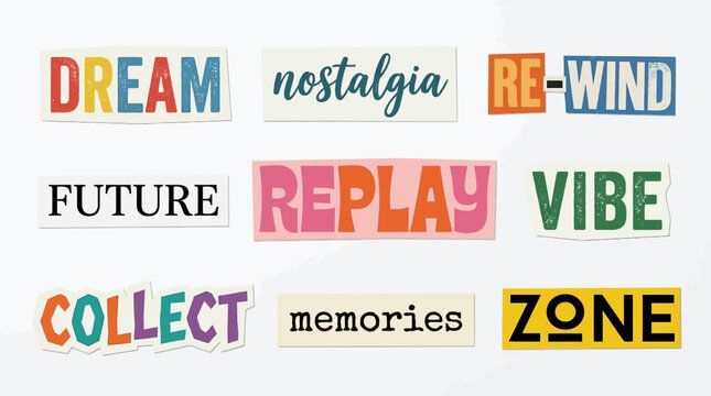 Colorful paper cutouts featuring various retro typographic words arranged in a decorative and artistic collage layout