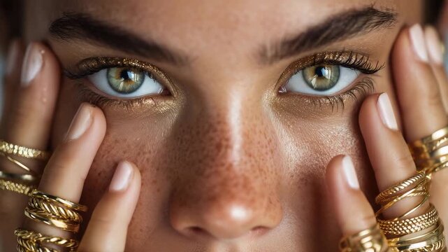 A model with captivating green eyes and a flawless complexion. She is adorned with multiple gold rings, elegantly framing her face, highlighting her striking beauty.