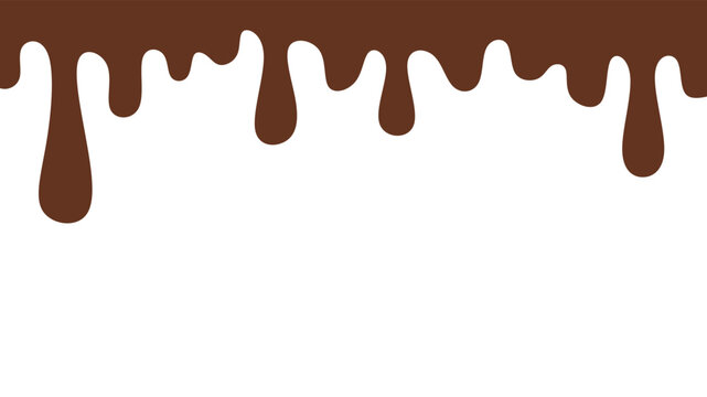 Melted chocolate or syrup drips isolated on a white background. Flowing liquid chocolate border element. A sweet brown syrup or sauce that melts and drips.