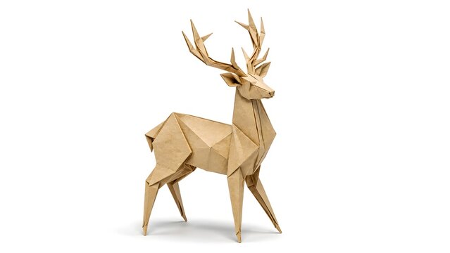 Origami Deer with Delicate Antlers in Tan Kraft Paper on White Background
