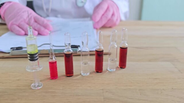 Laboratory setting shows multiple vials of liquid and a syringe on a table during a medical procedure