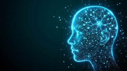 Obraz premium Abstract glowing blue human head with circuits and neural network