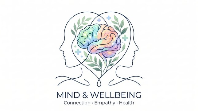 Mind and Wellbeing Linear Face Profiles with Colorful Intertwined Brain Roots