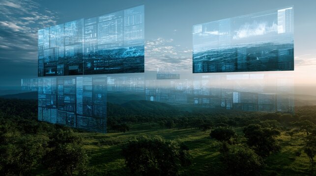 Concept shows data panels above a natural landscape, combining healthcare technology and environmental science for public health communication.