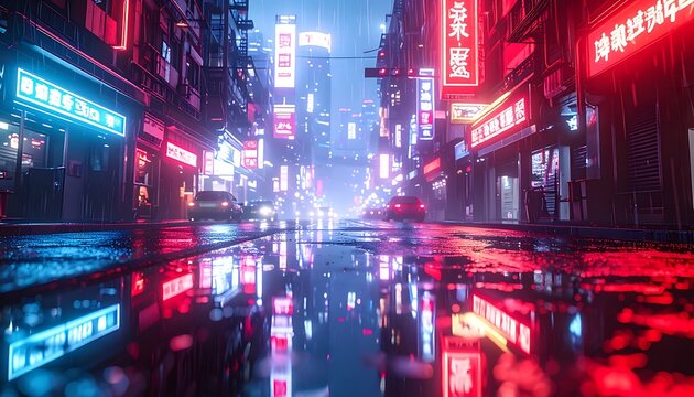 A futuristic city street with neon lights reflecting on wet pavement (18)