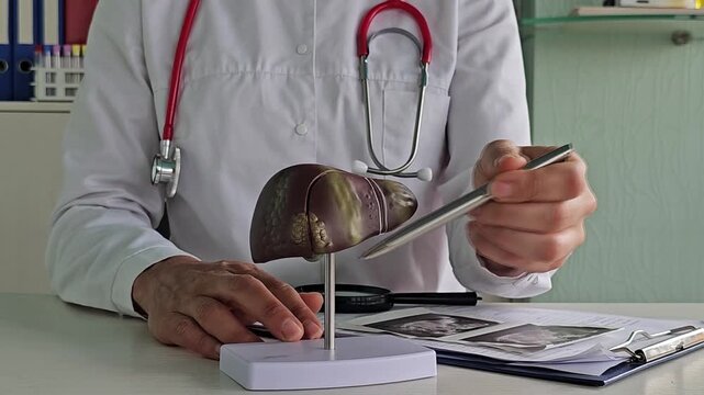 Doctor explaining liver functions using a model in a medical office at midday