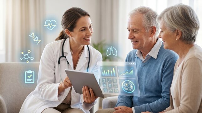 Doctor consulting senior couple at home with tablet, telemedicine and healthcare service concept showing medical graphs and icons for elderly patient care and family wellness