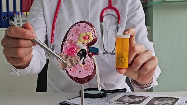 Doctor discussing kidney model and urine sample at clinic during patient consultation