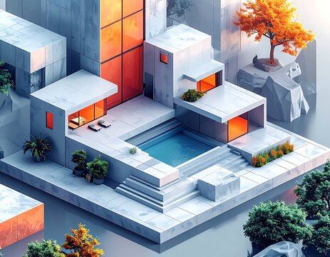 A futuristic, modern house with a pool and orange accents