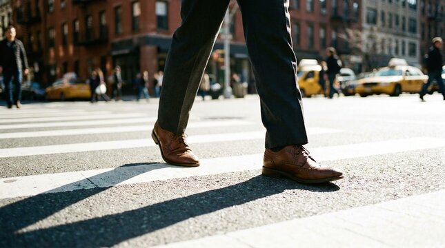 Elegant brown shoes crossing a busy street on a sunny day with pedestrians in the background