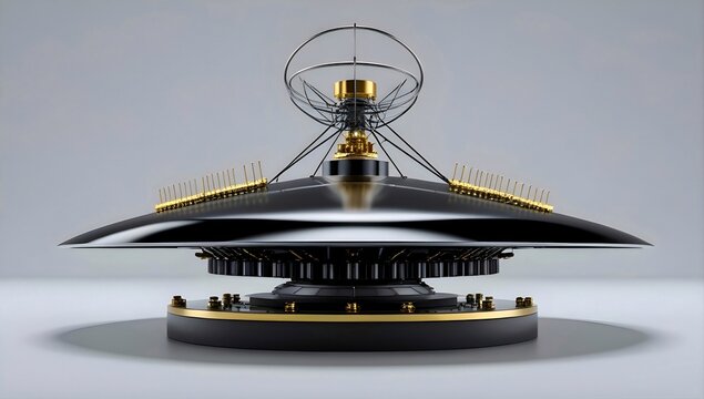 Futuristic satellite dish antenna or quantum computing core hardware component with gold elements