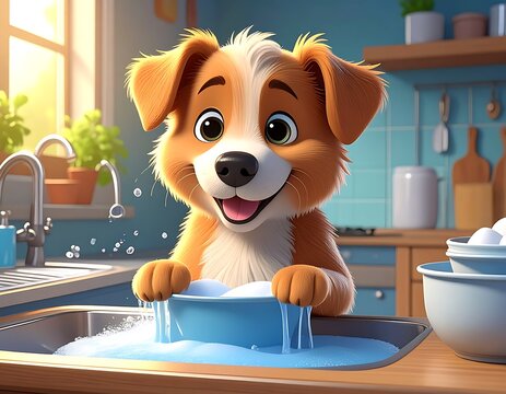 Cute dog washing bowl in kitchen sink.