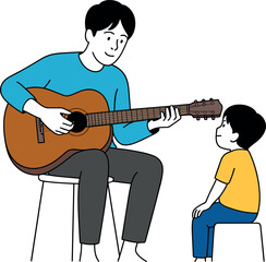 Father playing acoustic guitar for his little son sitting on stool music lesson education vector illustration