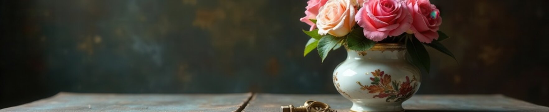 Faded roses in a chipped porcelain vase, aged book, antique keys , composition, book, retro