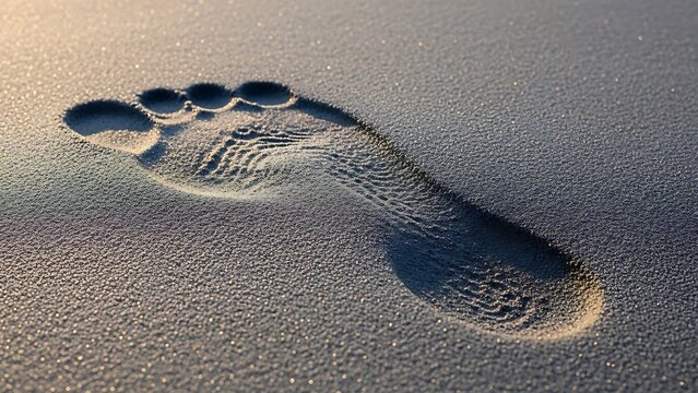 Single human footprint in sand, deep barefoot track on beach at sunset, golden hour light on sandy texture, concept of journey and carbon footprint