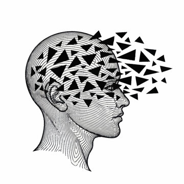 Abstract illustration of a human head with geometric shapes exploding outwards.