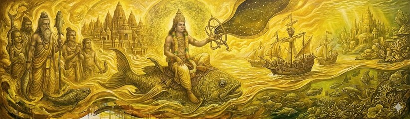Fototapeta premium Divine Intervention of God Riding a Sacred Fish in Mythical Scene