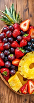 Fresh fruit platter with grapes, strawberries, and pineapple slices, arranged artfully on a wooden table, bright, fresh