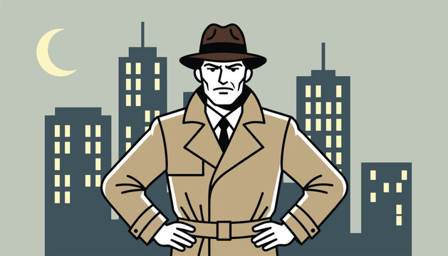 Mysterious detective character wearing a classic trench coat and fedora standing against a dark city skyline under a crescent moon.