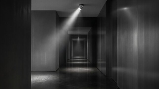 Abstract dark corridor with dramatic lighting and long shadows in minimalist interior