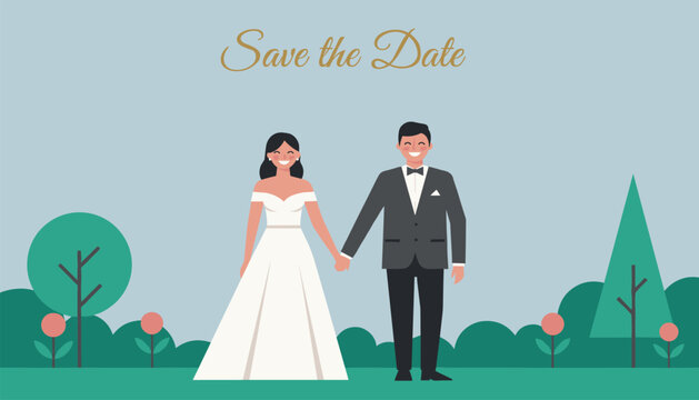 Romantic save the date wedding card illustration featuring a bride and groom holding hands in a park with trees and flowers.