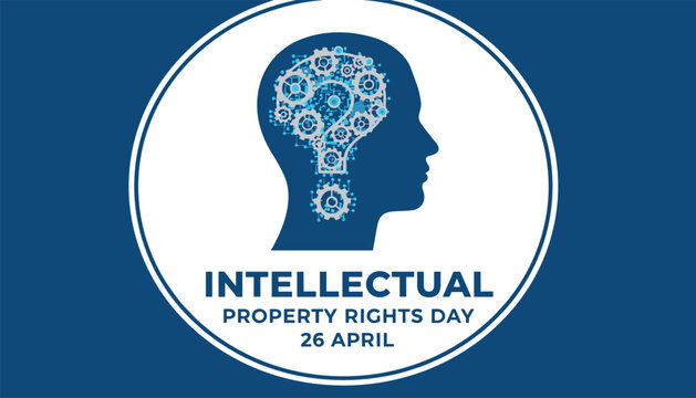 Intellectual Property Rights Day concept poster with a human head silhouette filled with gears and cogs forming a question mark.