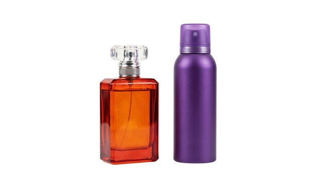 Orange perfume bottle and purple aerosol spray can isolated on transparent background