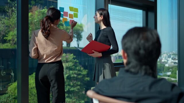 The business team is brainstorming and discussing ideas for a new assigned project before presenting them to senior management for consideration