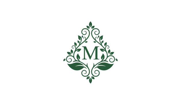 Sophisticated monogram logo featuring the letter M encased in an ornate green leaf and vine decorative frame on white.