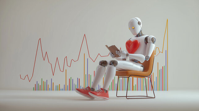 Robot with Heart Reading a Book: A stylized robot with a prominent red heart emblem on its chest sits on an orange chair, engrossed in reading a book.