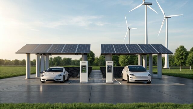 Two electric cars charging at solar powered station with wind turbines in background, showcasing renewable energy technology