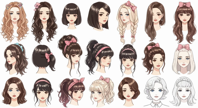 Anime girl hairstyles collection, 21 female character head avatars with diverse hair styles, manga beauty portraits vector set