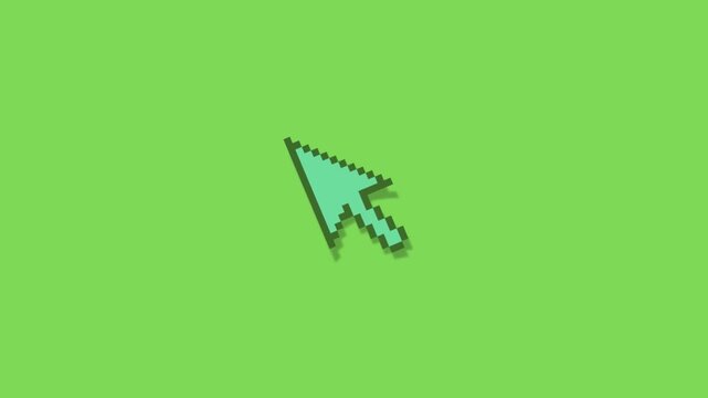 Retro pixel art style mouse cursor animation on vibrant lime green background. Large teal colored 8-bit pixel pointer with drop shadow appearing from below. Nostalgic digital cursor overlay for gaming