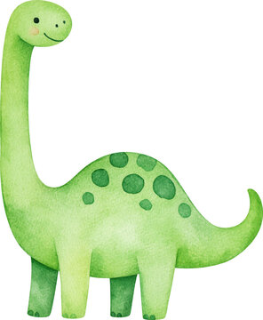 Simple watercolor illustration of a cute green brontosaurus dinosaur isolated on transparent background.