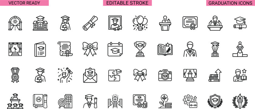 Graduation Achievement Academic Success And University Commencement Editable Stroke Line Icons Set