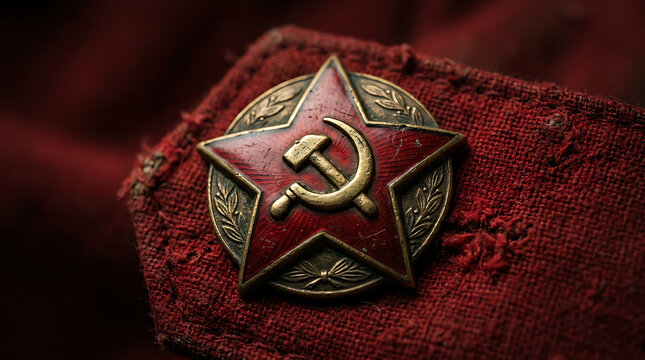 Close-up of a red star badge with hammer and sickle on textured fabric