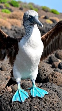 Blue-footed booby standing on rocks.