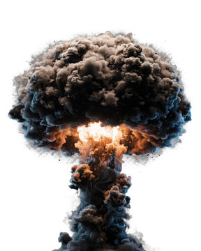 Nuclear explosion mushroom cloud with intense fireball isolated on transparent background