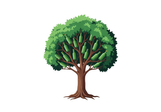 Vector illustration of a green leafy tree with a sturdy brown trunk featuring green glass wine or beer bottles hanging from its branches, isolated on a plain white background.