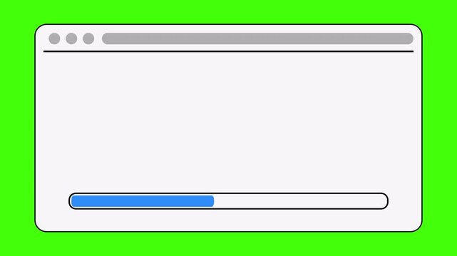 progress bar shows of loading system on web browser windows with green screen background. Horizontal 4K video animation.