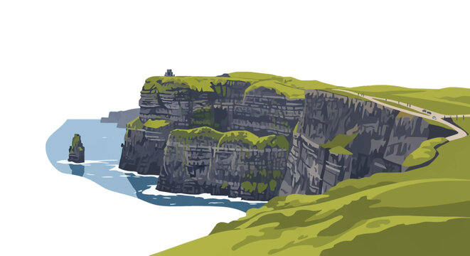 Flat vector illustration of the Cliffs of Moher in County Clare, Ireland, featuring green grass plateaus, steep rock faces, O'Brien's Tower, and the Atlantic Ocean on a white background.