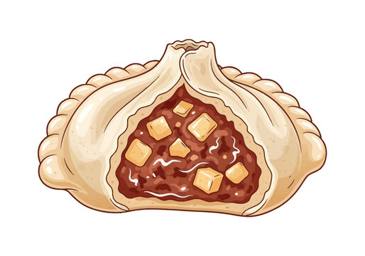 Illustration of a cross-section of an apple dumpling or turnover pastry isolated on white, showing a flaky crimped dough crust and a spiced brown filling with diced apple cubes inside.