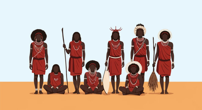 Flat vector illustration featuring a group of African indigenous people in traditional red garments, adorned with elaborate beaded necklaces and headdresses in a desert.