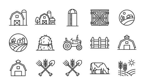 Barn line icon set with farmhouse and rural agriculture vector symbols
