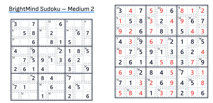 Medium level killer sudoku puzzle with answer key, BrightMind Sudoku Medium 2 printable pages on transparent background
