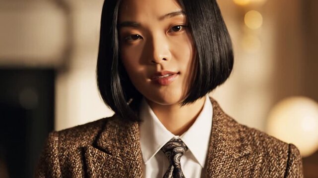 Professional woman adjusting her brown tweed blazer while wearing a white shirt and paisley patterned silk tie