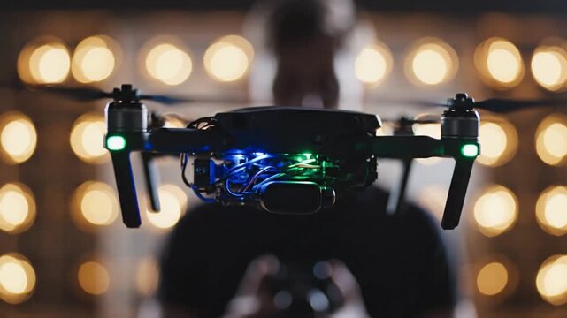 Professional quadcopter drone hovering in a dimly lit studio with warm bokeh background lights and a pilot in the background