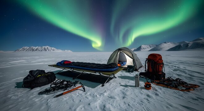 Arctic winter camping setup beneath a vibrant aurora borealis, featuring a tent, camp cot, snowshoes, and expedition gear on a frozen wilderness landscape.