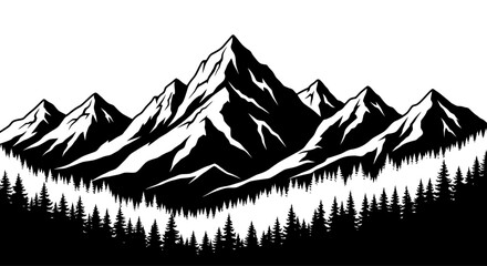 Black and White Mountain Range with Pine Forest Silhouette © kiki__
